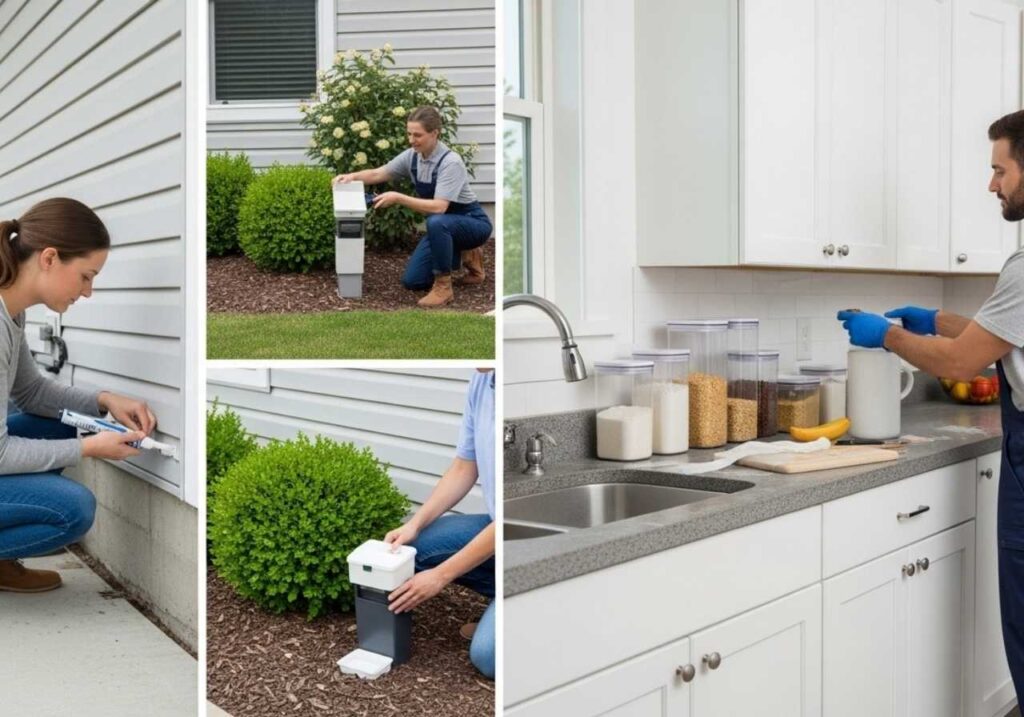 Homeowner sealing foundation cracks and pest technician placing exterior bait station for long-term ant prevention.