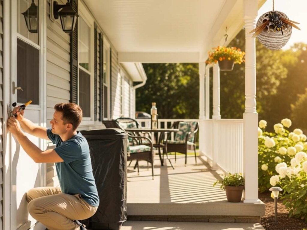 Clean summer porch with sealed cracks and a hanging decoy nest to help prevent wasps. 