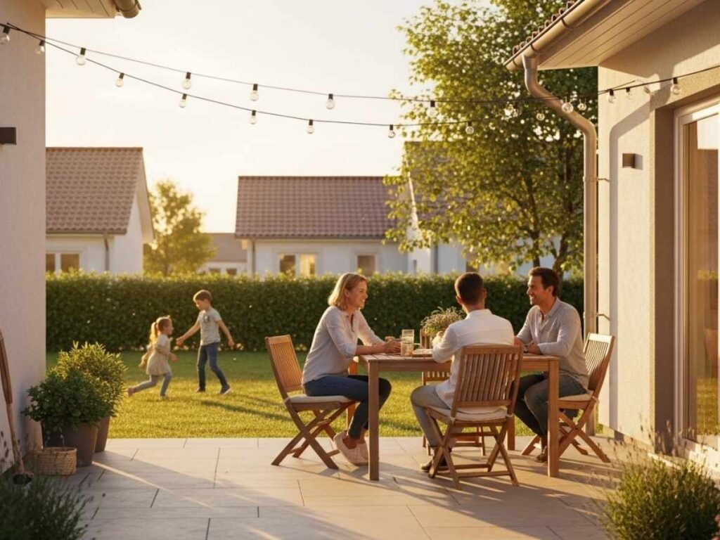 Family enjoying a peaceful mosquito-free backyard during a warm summer evening.