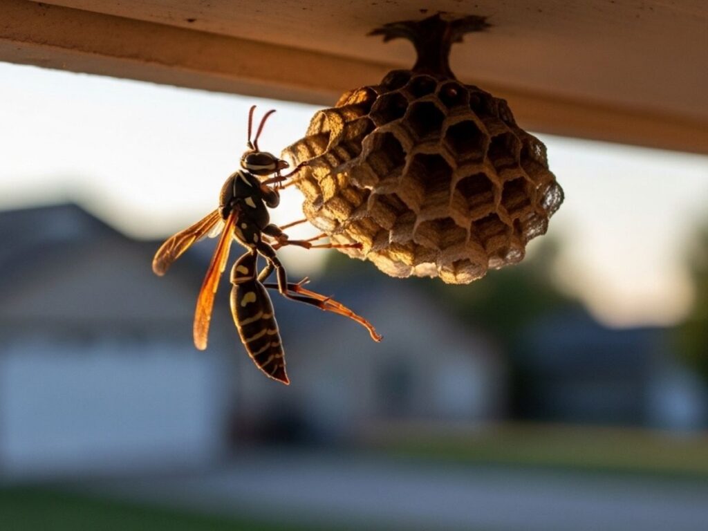Close-up of a paper wasp on an umbrella-shaped nest under a porch eave.