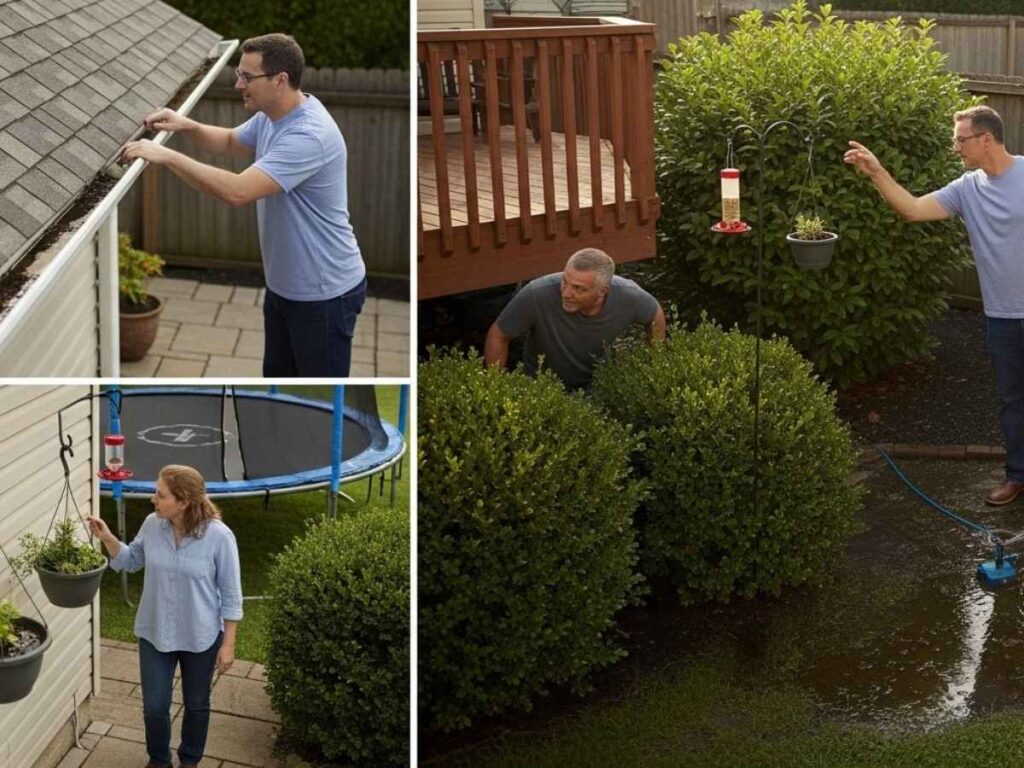 Homeowner inspecting shaded backyard areas, gutters, and standing water to find hidden mosquito breeding spots.