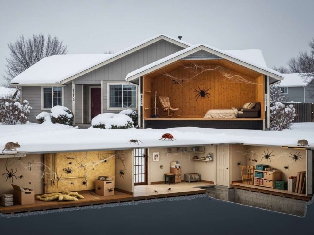 Snow-covered Idaho home in winter with hidden pests inside walls and basement.