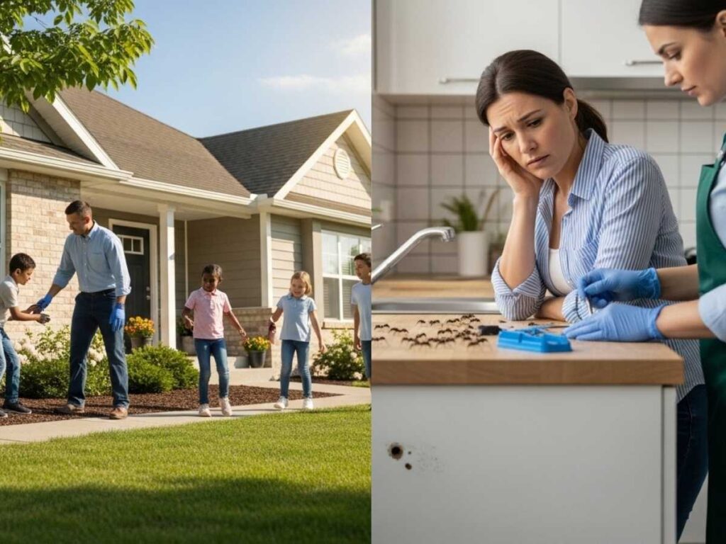 Side-by-side scene showing preventive pest control outside a home and reactive pest treatment for ants inside a kitchen.