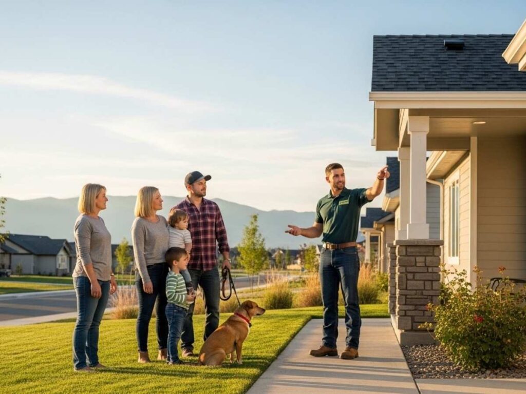 Local pest control technician discussing wasp prevention with a family outside their Southeast Idaho home.
