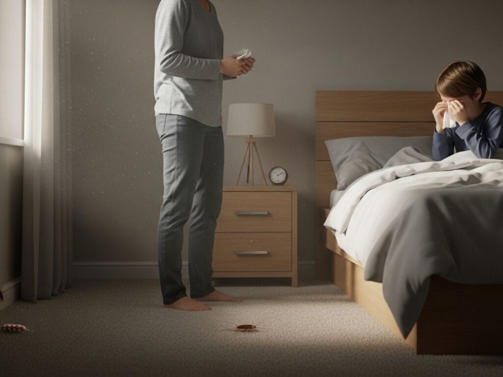 Child experiencing indoor allergy symptoms in a bedroom with subtle signs of hidden pest allergens.