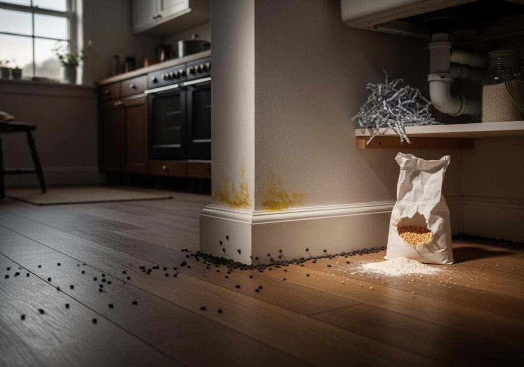 Early signs of a mouse infestation in a country home kitchen, including droppings, torn food packaging, and nesting materials.