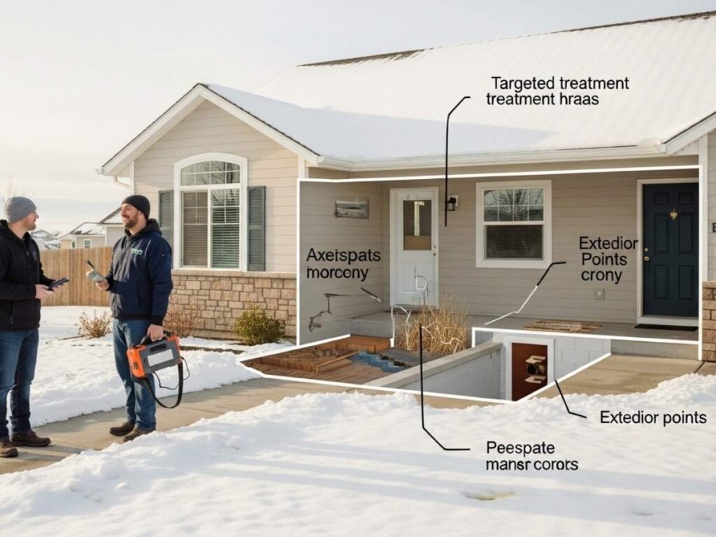 Friendly pest control technician assisting a family at a snow-covered Southeast Idaho home with safe winter pest treatments.