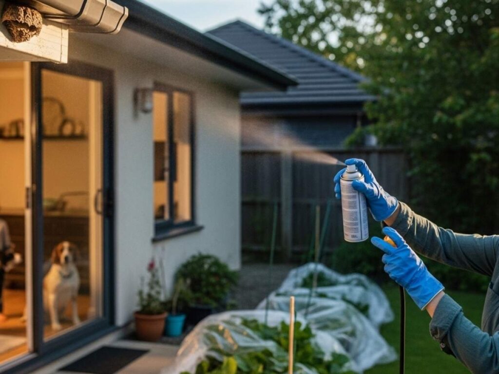 Parent safely spraying a wasp nest outdoors while children and pets remain indoors and protected.