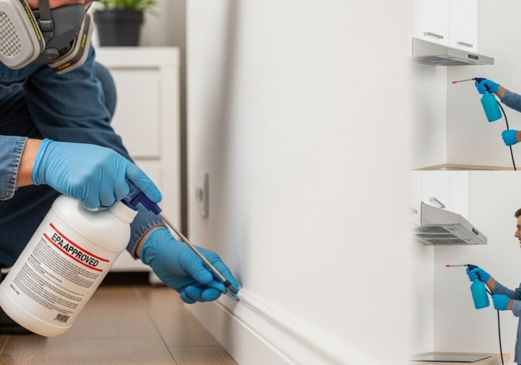 Licensed pest control technician applying treatment safely inside a home while contrasting unsafe DIY chemical use.
