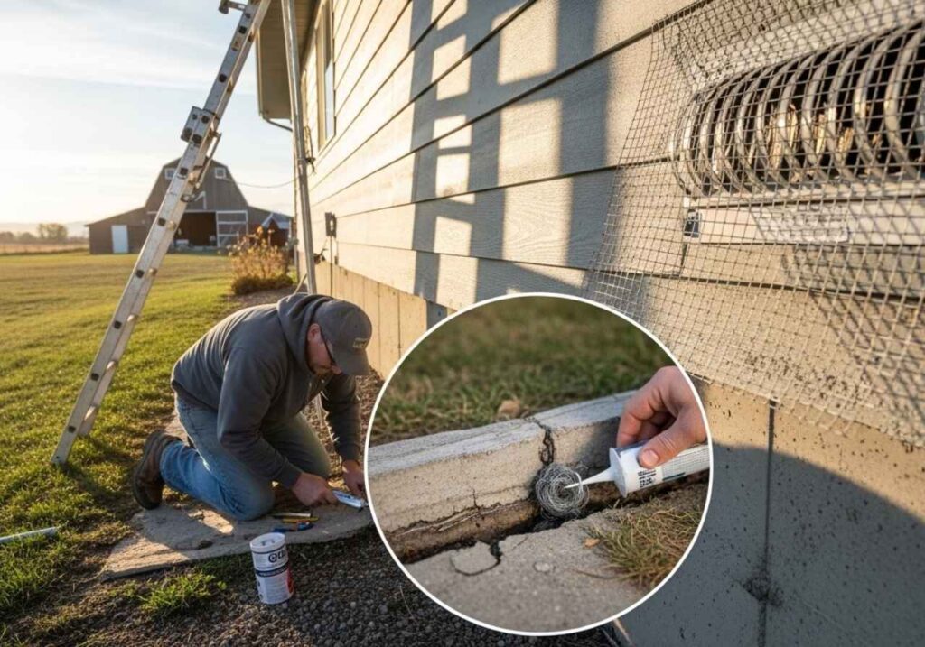 Homeowner sealing foundation cracks and attic vents to prevent mice from entering a rural Idaho home.