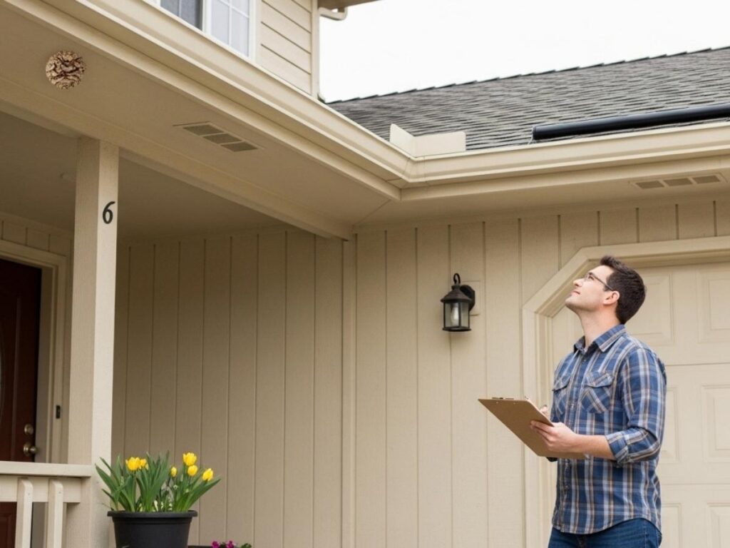 Homeowner inspecting roof eaves with a seasonal checklist to prevent wasp nesting.