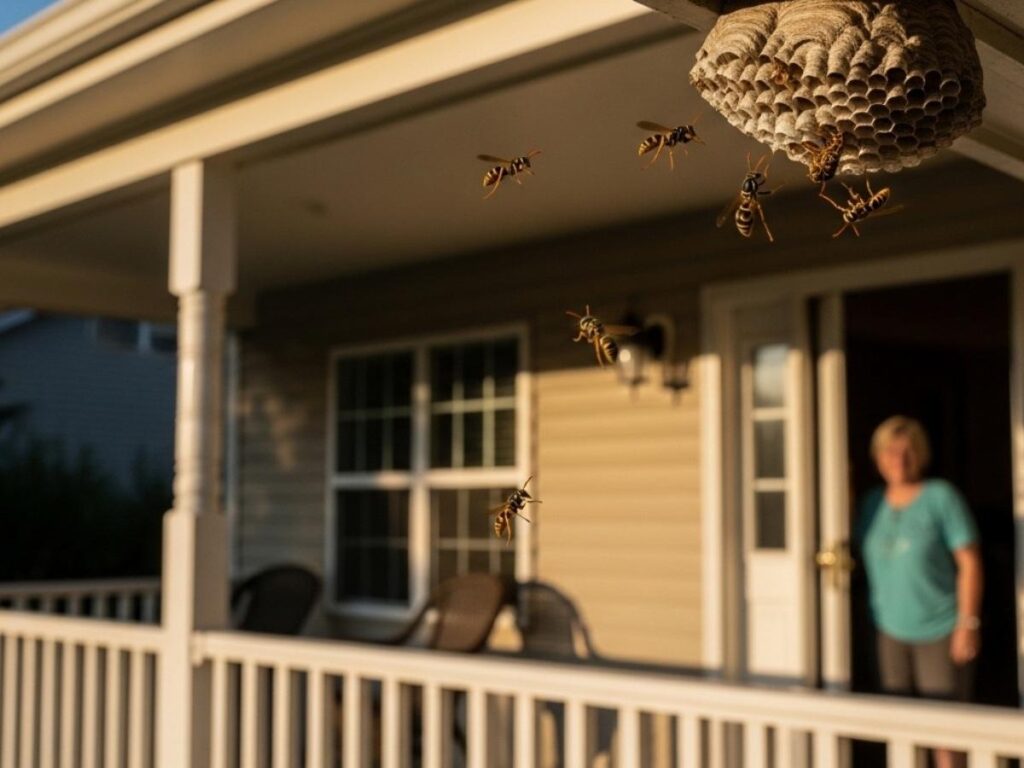 Small paper wasp nest forming under a residential porch roof with several wasps flying nearby. 