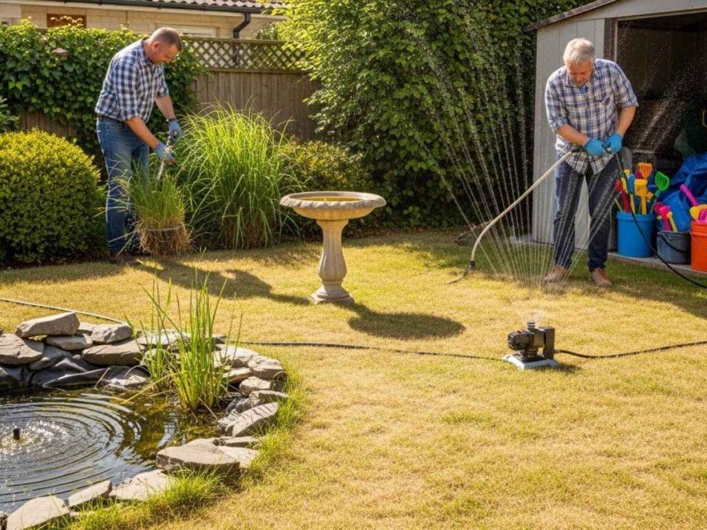 Homeowner maintaining a tidy backyard by trimming plants and refreshing water to prevent mosquitoes.