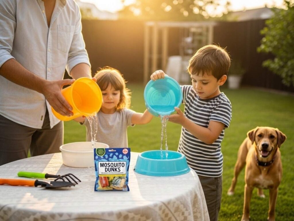 Parent and child emptying water from toys and bowls in a backyard to prevent mosquito breeding safely around kids and pets.