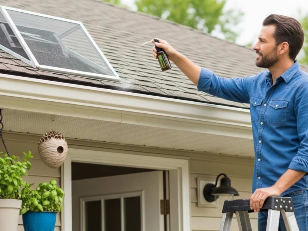 Homeowner preventing wasp nests by inspecting eaves and using natural deterrents around the house.
