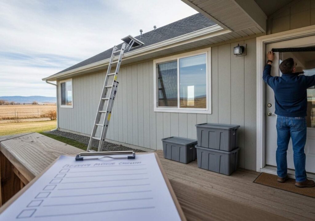 Homeowner completing a seasonal mouse prevention checklist by sealing doors, inspecting vents, and organizing feed storage.