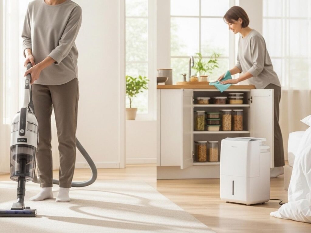 Homeowner vacuuming with a HEPA filter and cleaning kitchen surfaces to reduce indoor allergens and pests.