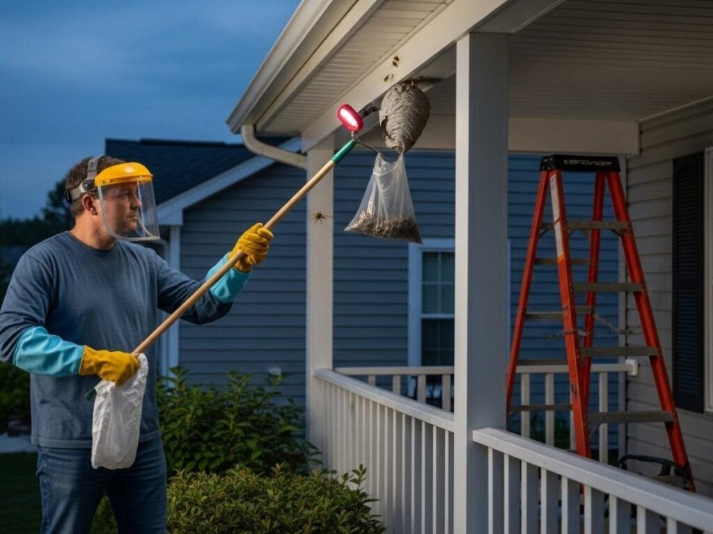 Homeowner in protective clothing safely removing a small wasp nest from a porch at dusk. 