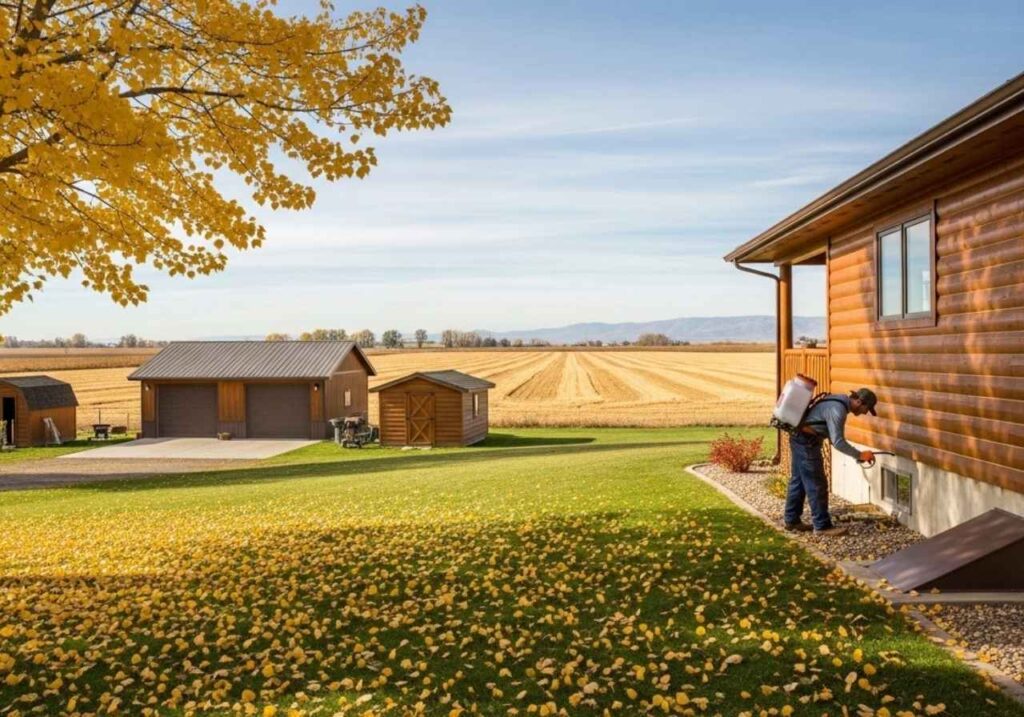Pest control technician inspecting a rural Southeast Idaho home and outbuildings during fall to prevent mice infestations.