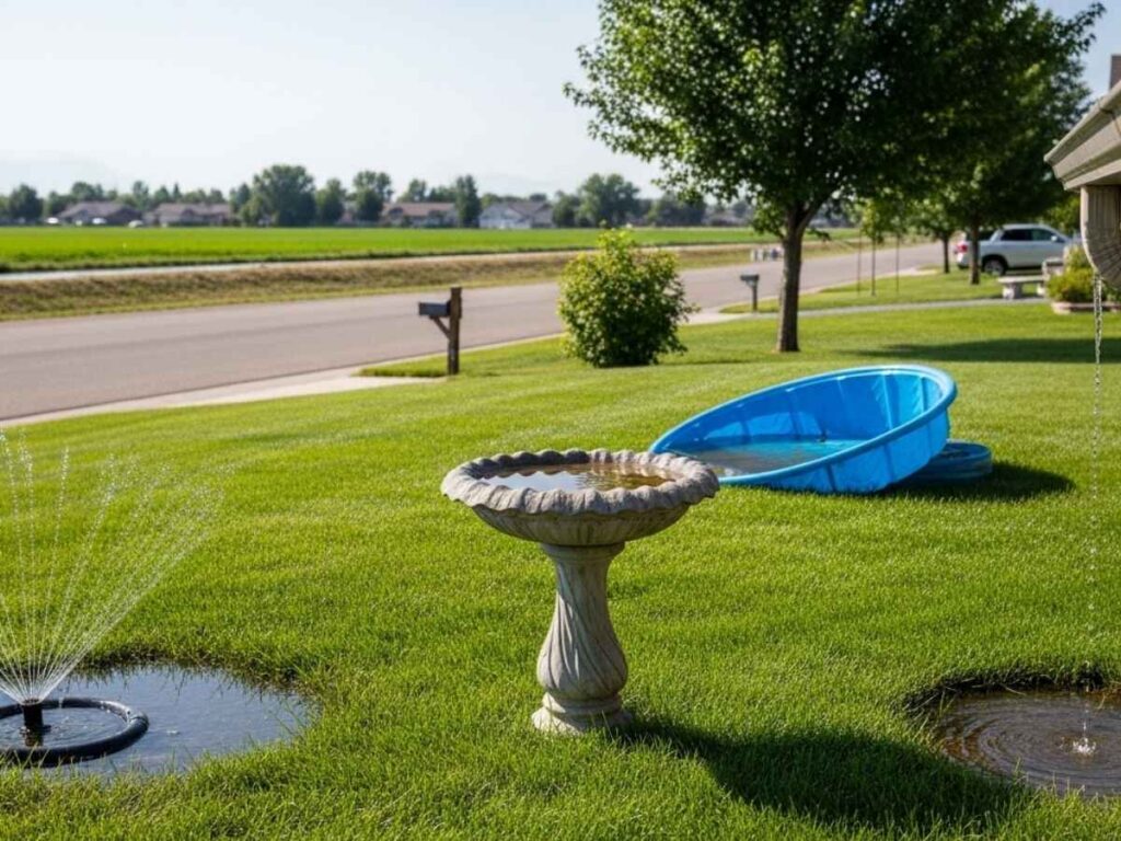 Backyard showing sprinkler leaks, puddles, birdbath, and gutters creating standing water for mosquitoes. 