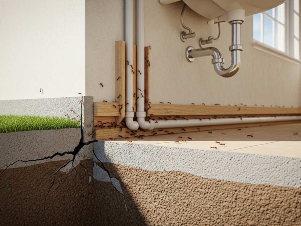 Ants entering a bathroom through foundation cracks and gaps around plumbing pipes in a home wall.