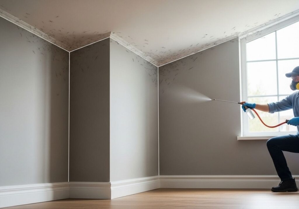 Pest control technician applying spider treatment along ceiling corners and baseboards inside a home.
