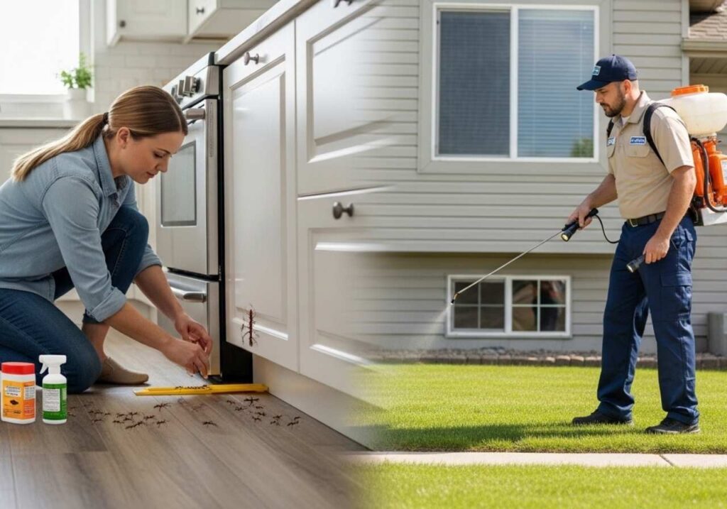 Side-by-side comparison of DIY pest control and professional extermination service at a Southeast Idaho home.