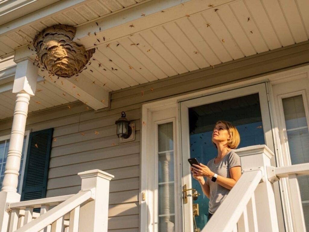 Large active wasp nest near a home’s front porch doorway prompting a homeowner to call pest control. 