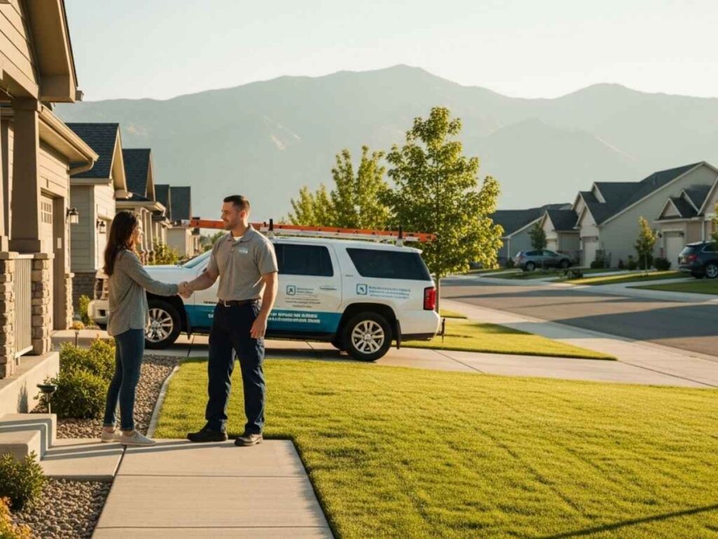 Friendly pest control technician greeting a homeowner outside a suburban house in a Southeast Idaho neighborhood.