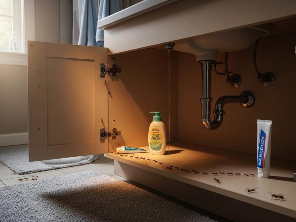 Ants in a clean bathroom near a dripping faucet, damp rug, and scented toiletries.