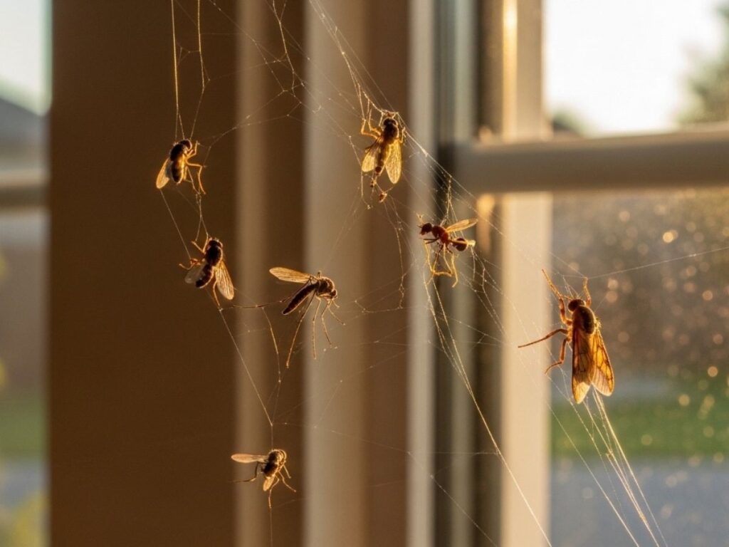 Spider web near a window catching flies, mosquitoes, ants, and moths during summer in an Idaho home.