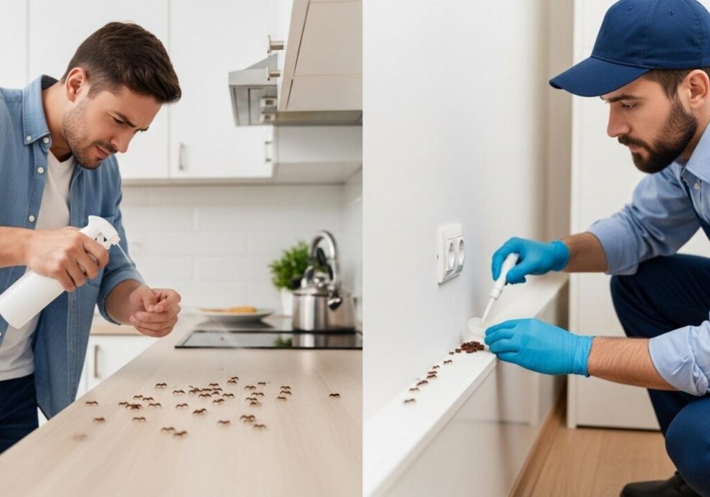 Side-by-side comparison of DIY ant spray use and professional pest control technician applying targeted ant treatment.