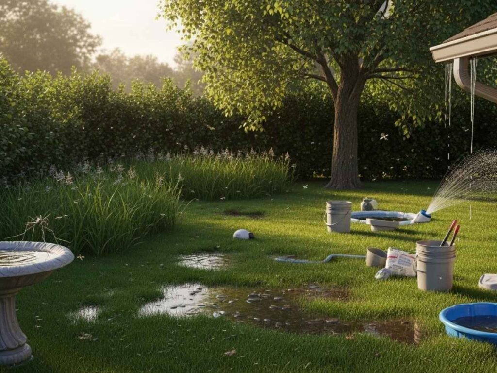 Backyard with standing water, overgrown plants, and yard clutter that attracts mosquitoes.