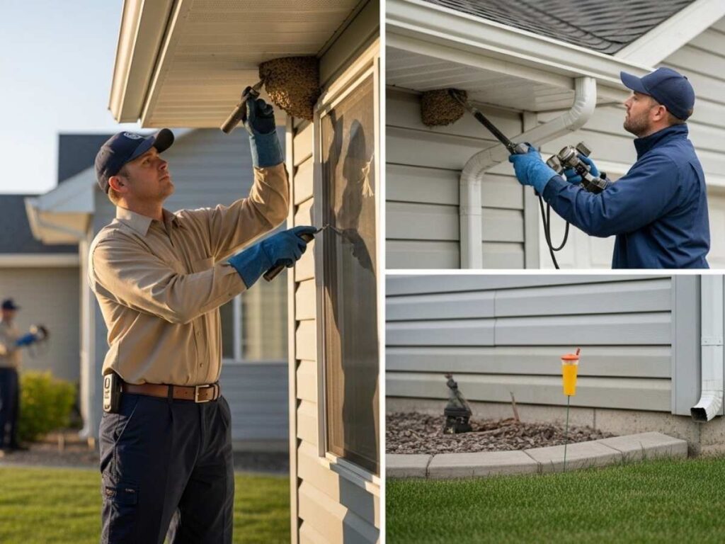 Professional pest control technician inspecting and treating a wasp nest at a Southeast Idaho home.