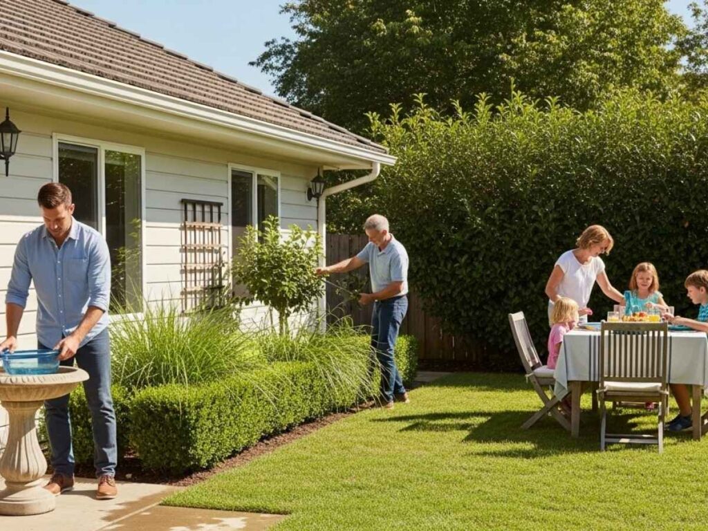 Homeowner maintaining a tidy backyard with trimmed plants, fresh water, and a patio fan to reduce mosquitoes. 