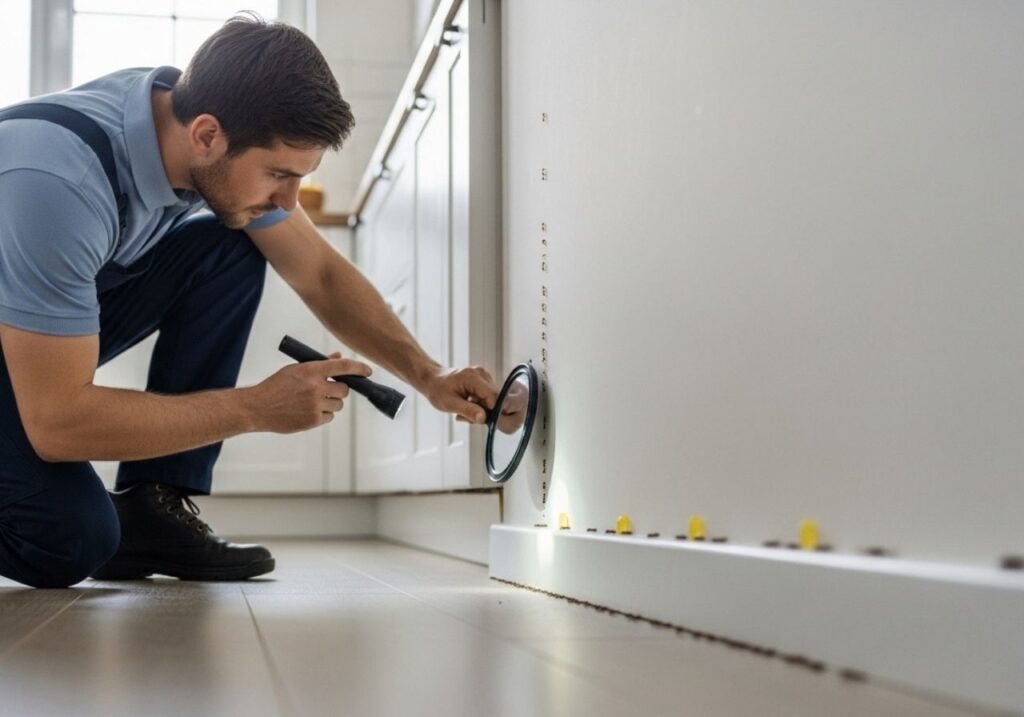 Pest control technician inspecting a kitchen and applying ant treatment along baseboards and wall cracks.