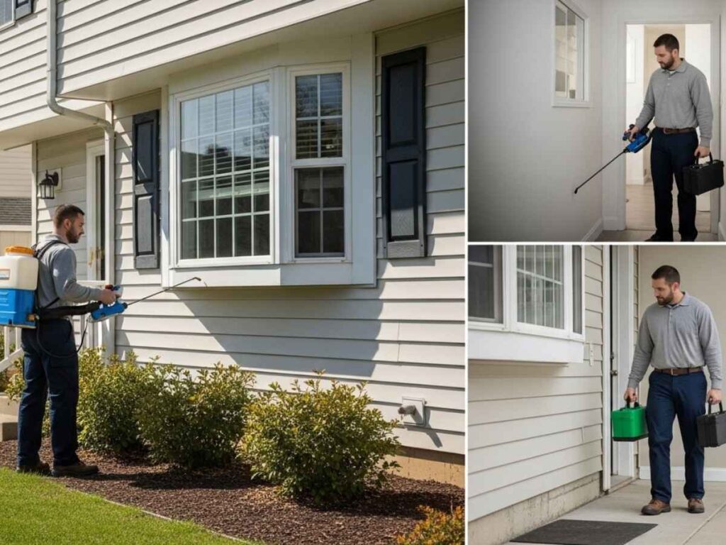 Pest control technician performing a monthly inspection and perimeter treatment around a home.