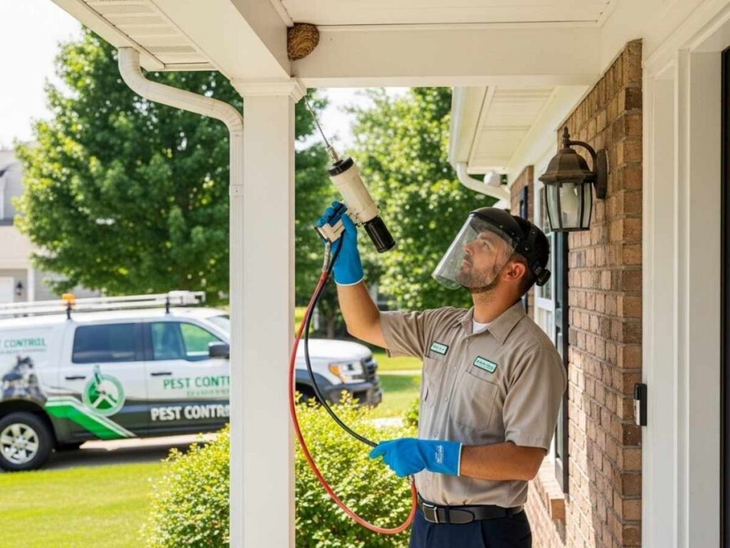 Professional pest control technician safely treating a wasp nest on a residential porch. 