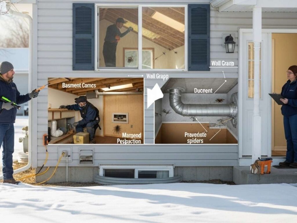 Pest control technician performing a winter home inspection in Rexburg Idaho to find mice and spider entry points.