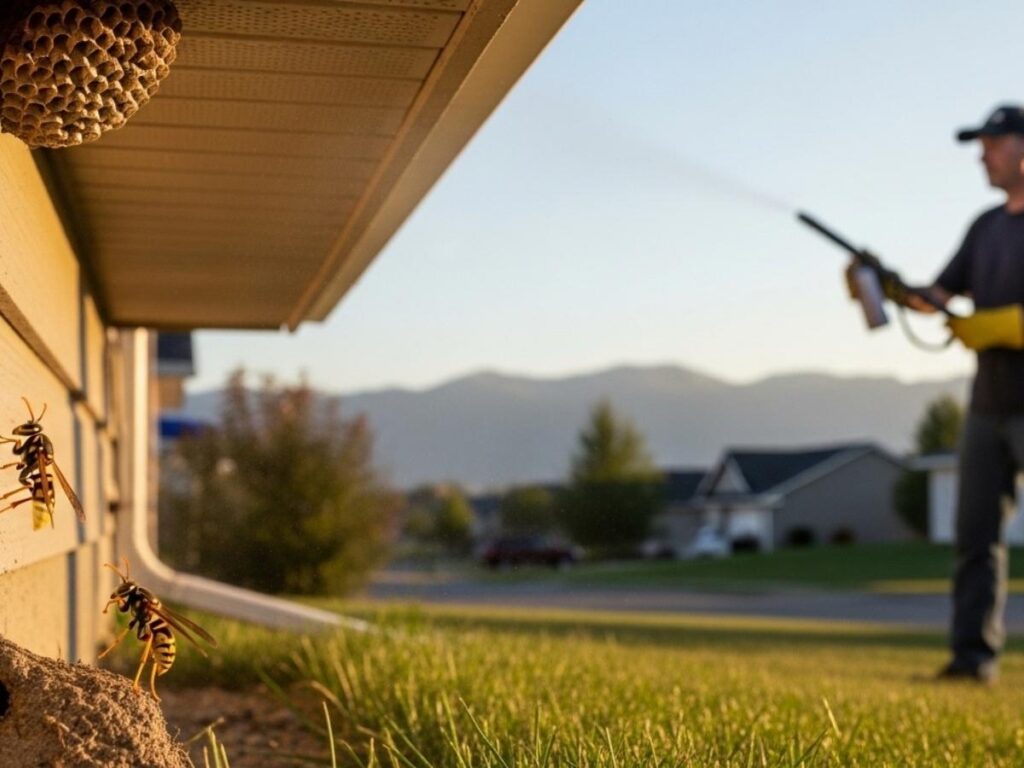 Homeowner in Southeast Idaho spraying a paper wasp nest under house eaves while yellowjackets hover near a ground nest.