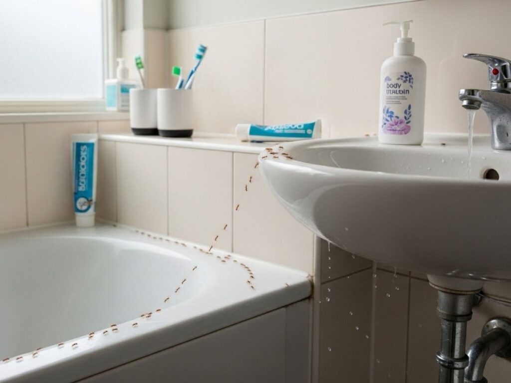 Small trail of ants in a bathroom near a dripping faucet and sink during spring.
