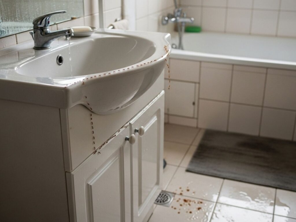 Small ants trailing along a damp bathroom sink and faucet in a humid indoor setting.