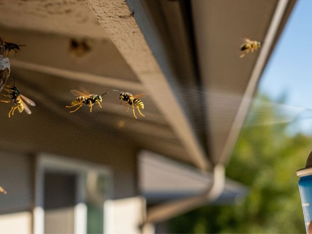 Close-up of wasp spray directly hitting a nest under house eaves in bright outdoor conditions.
