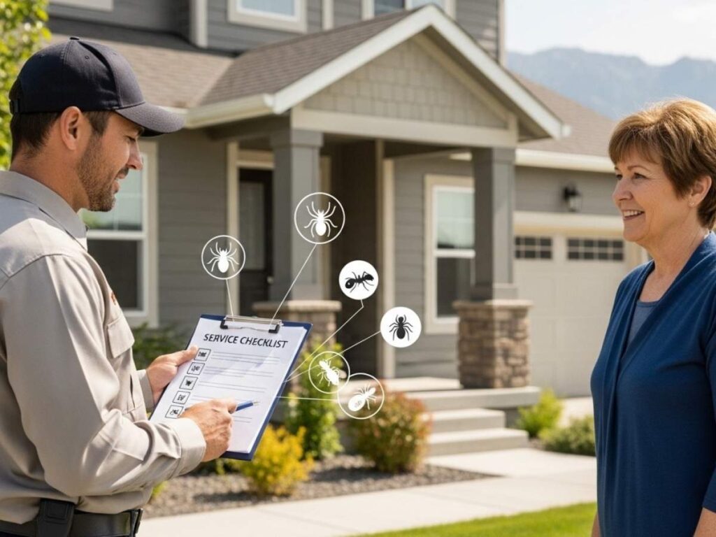 Pest control technician explaining service guarantee coverage to a homeowner outside a suburban house.