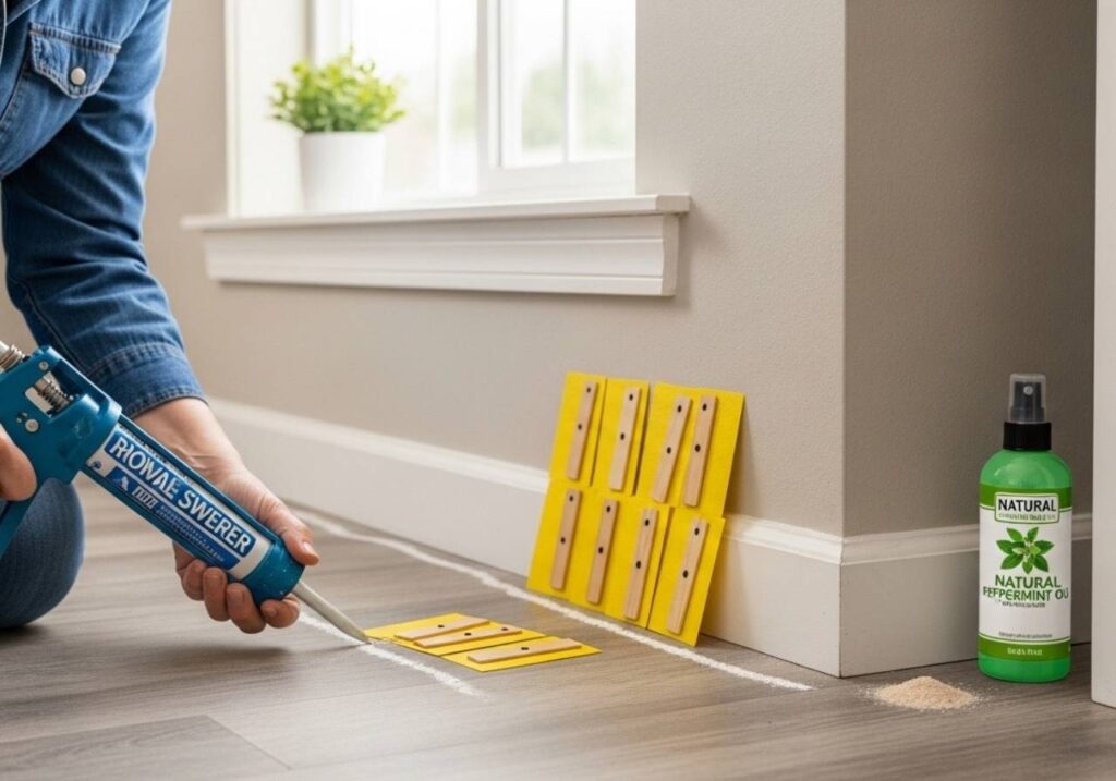 Homeowner using DIY pest control methods like caulking cracks, sticky traps, and diatomaceous earth in a garage.