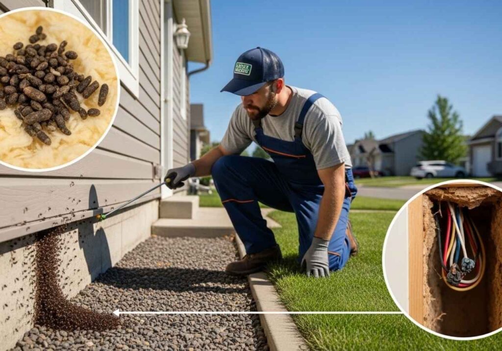 Signs of serious pest infestation including foundation ants, rodent droppings, and chewed wiring inspected by a professional technician.