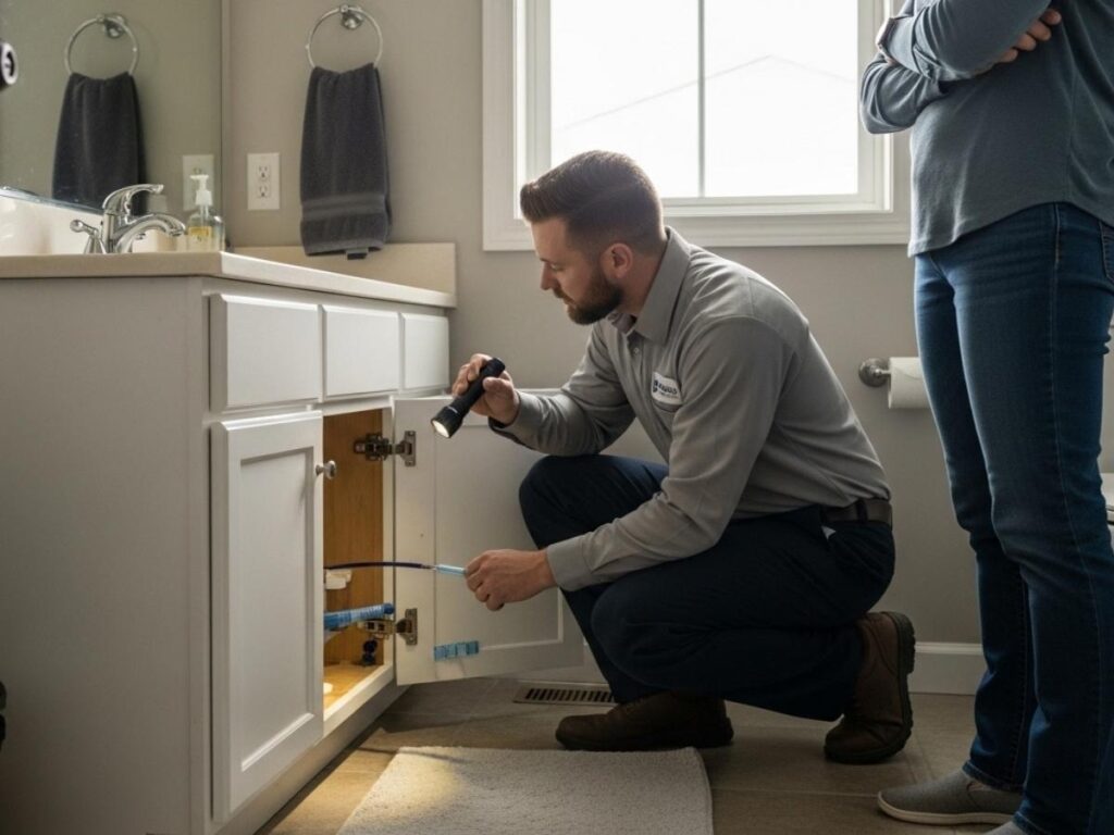 Pest control technician inspecting a bathroom sink area while homeowner observes.