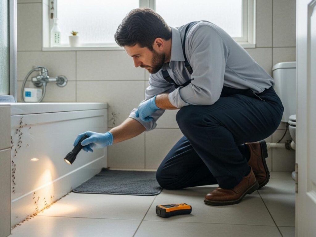 Pest control professional inspecting a bathroom for ant entry points and moisture issues.
