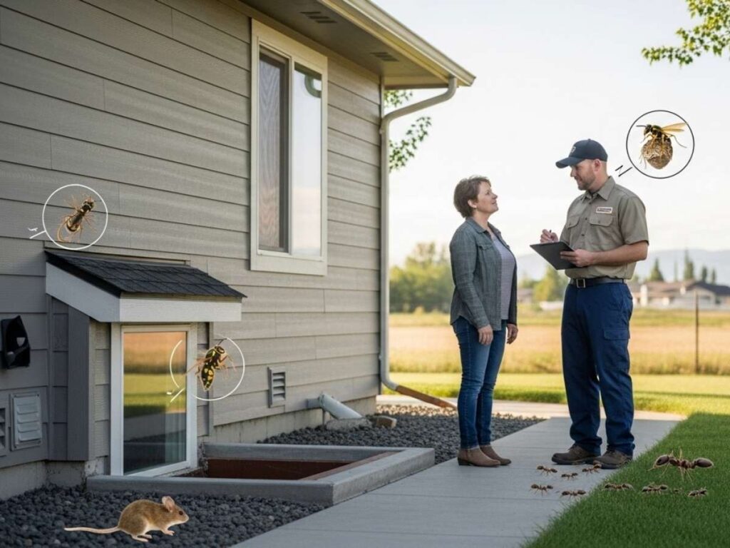 Pest control technician discussing inspection results and service options with a homeowner outside a house.