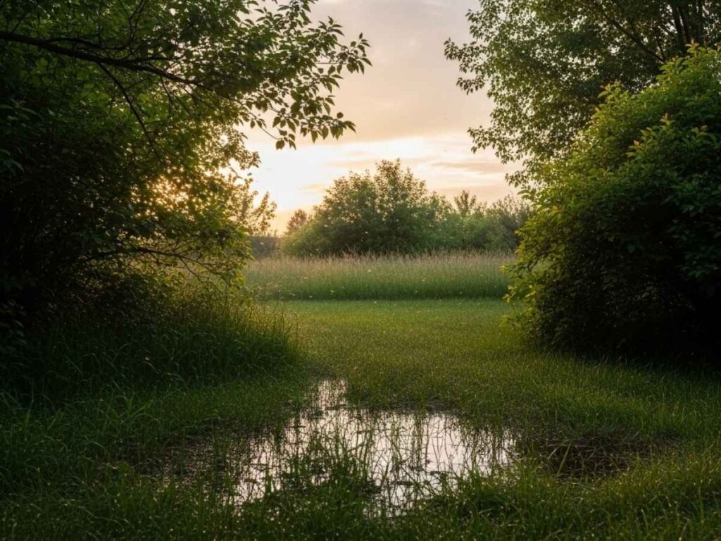 Humid summer backyard with overgrown plants and puddles creating ideal mosquito conditions. 